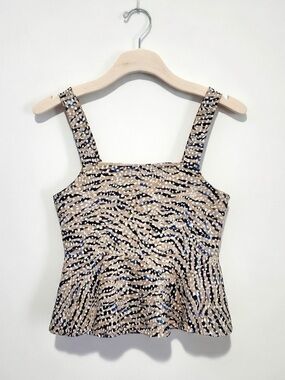 HUNTER BELL Beige and Blue Polka Dot Printed Square-Neck Crop Peplum Camisole